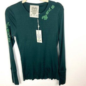 NWT Silk Embroidered Long Sleeve Green Top AlixK Size Medium Bohemian Floral M